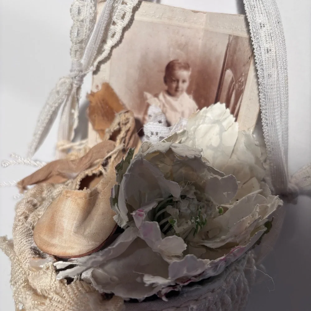 Handmade Victorian Cone Tussie Mussie with Vintage Baby Photo & Shoe Shabby Chic